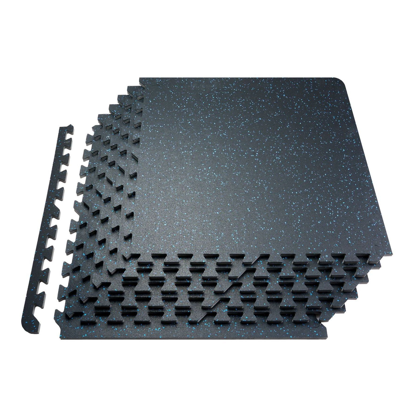 Gym Floor Mats 0.56 Inch, 6 Tiles Rubber Top EVA Foam, 25"x25" Workout Mats - 24 sq.ft Coverage Interlocking Puzzle Mats for Gym, Home, Garage, Black & Blue
