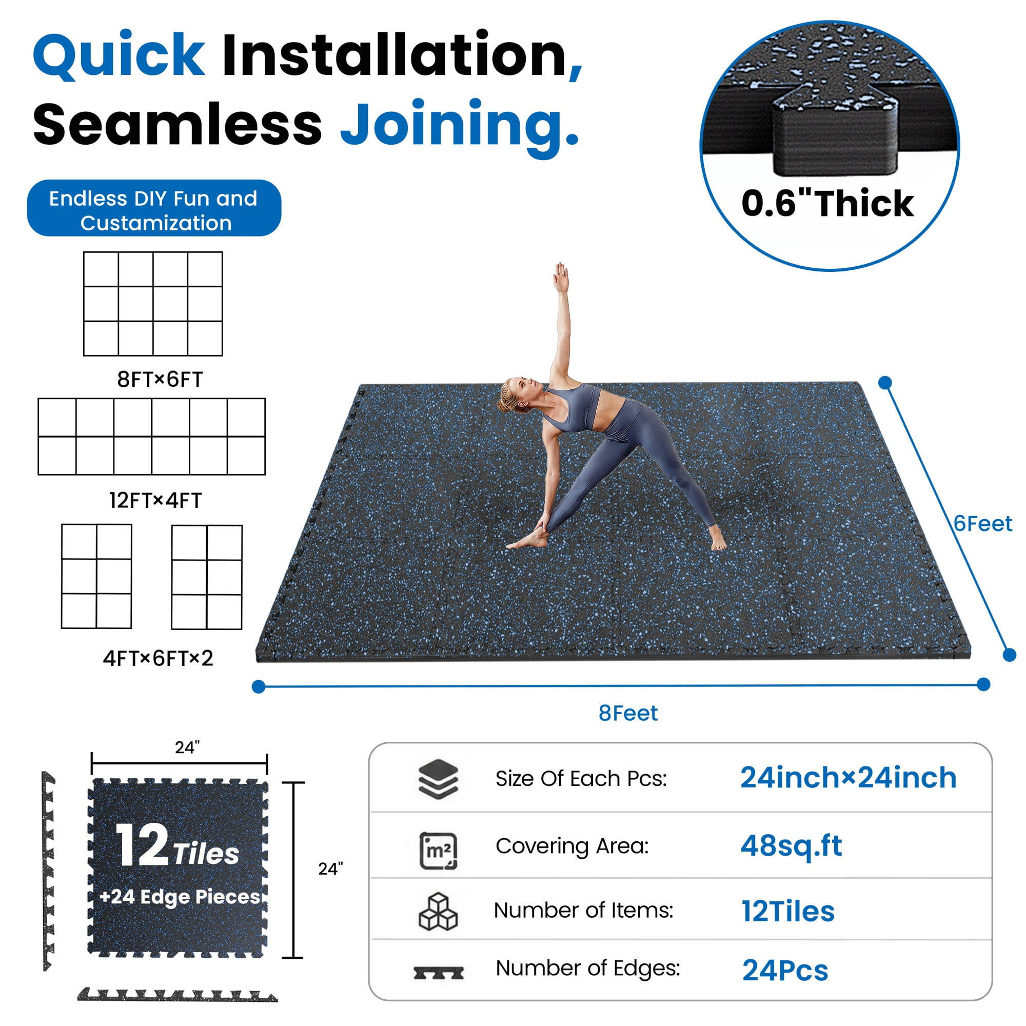 Gym Floor Mats 12-Pack 24x24 Inch with Rubber Top and EVA Foam, Interlocking Puzzle Workout Mats and Exercise Flooring for Home Garage, 48 Sq Ft, Black and Blue