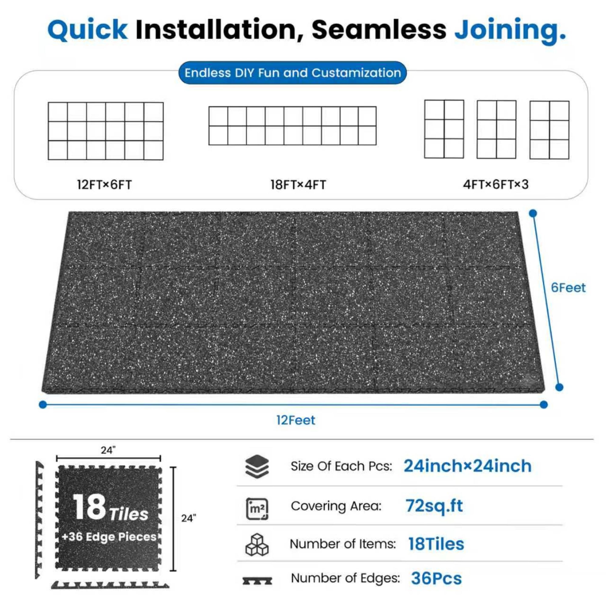 Gym Floor Mats 18-Pack 24x24 Inch 0.79 Inch Thick Rubber Top, Interlocking Puzzle Workout Mats and Exercise Flooring for Home Garage, 72 Sq Ft, Black and White