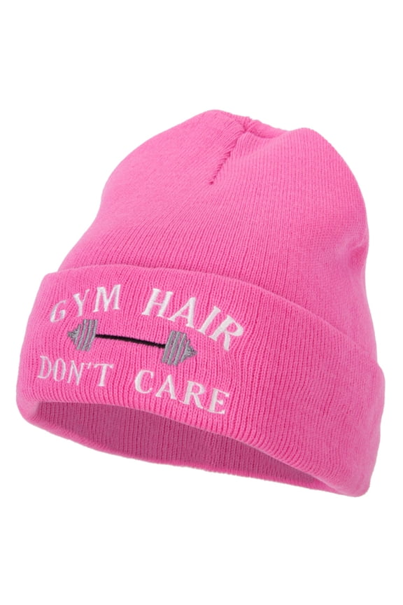 Gym Hair Don't Care Embroidered 12 Inch Long Knitted Beanie - Magenta OSFM