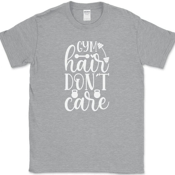 Gym Hair Don't Care T-Shirt Funny Fitness Workout Lifting Running Tee - Heather Grey, L
