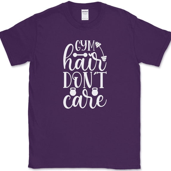 Gym Hair Don't Care T-Shirt Funny Fitness Workout Lifting Running Tee - Purple, 2XL