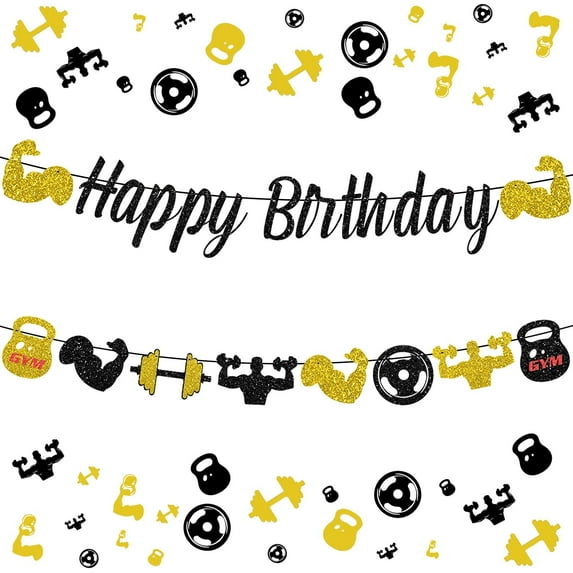 Gym Happy Birthday Banner Glitter Black and Gold Fitness Themed Birthday Banner for Men, Fitness Theme Birthday Decorations Weight Lifting Party Supplies
