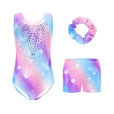 Gym Leotards for Girls Sleeveless Unitard Bodysuit & Shorts & Headband 3-piece Ballet Dance Suit Set