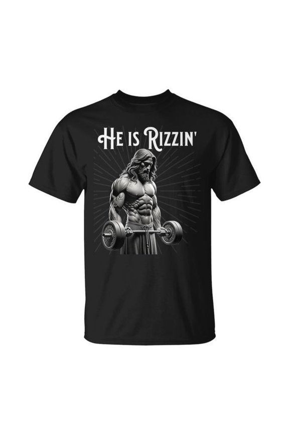 Gym Lifting Ripped Muscles He Is Rizzin Jesus Weightlifting T-Shirt Size S-5XL