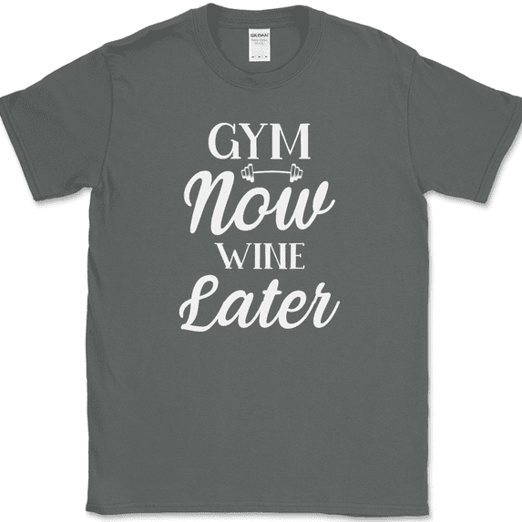 Gym Now Wine Later T-Shirt Funny Gym Fitness Lifting Workout Drinking Text Tee - Charcoal, 4XL