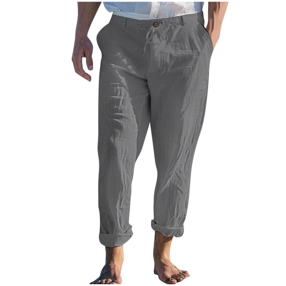 Gym Pants for Men Casual Summer Beach Athletic Pants Button Drawstring Solid Color Cotton Linen Pants