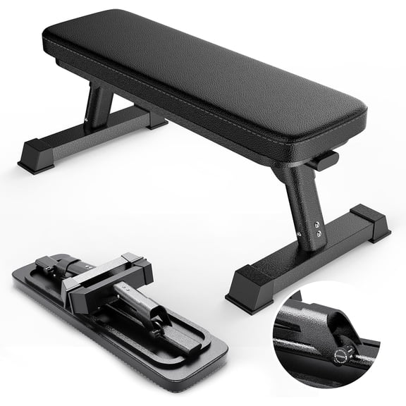 Gym Quality Foldable Flat Bench for Multi-Purpose Weight  and Ab Exercises - Free PDF Workout Chart Included