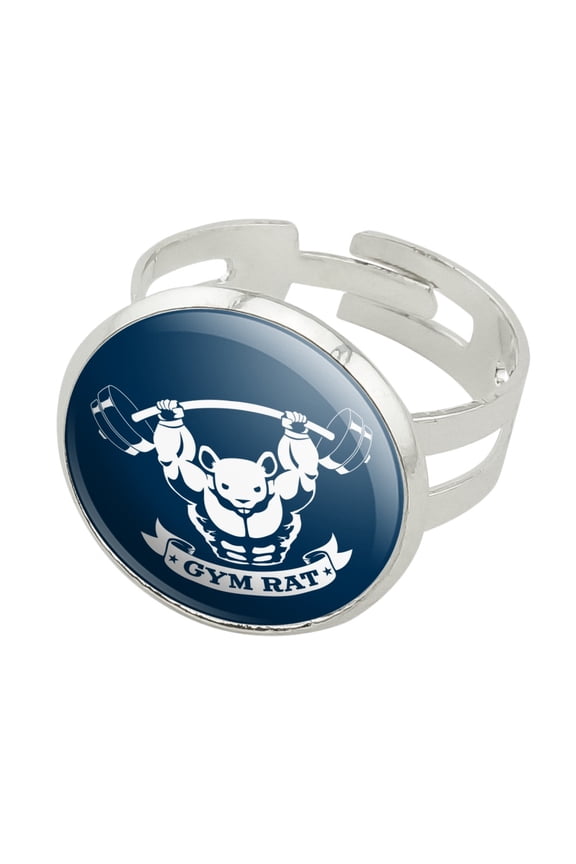 Gym Rat Workout Weight Lifting Silver Plated Adjustable Novelty Ring