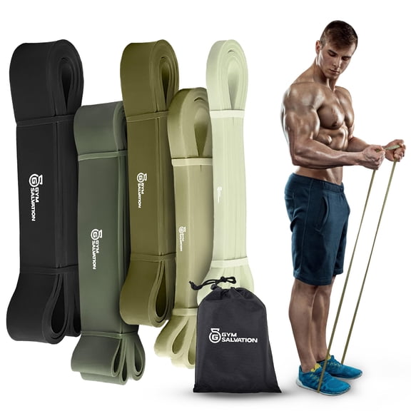 Gym Salvation Resistance Bands Set, 5 Pull Up Assist & Strength Training Bands, Durable Powerlifting & Workout Loops with Carry Bag - Black and Military Green Shades