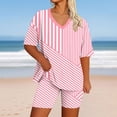 thumbnail image 1 of Gym Sets for Women Plus Size Women’s Striped 2‑piece Casual Set, Oversized V‑neck T-Shirt Tops High‑waist Biker Shorts with Pockets, Loungewear Summer Outfits L, 1 of 5