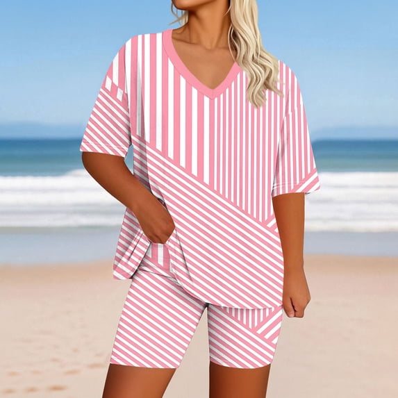 Gym Sets for Women Plus Size Women’s Striped 2‑piece Casual Set, Oversized V‑neck T-Shirt Tops High‑waist Biker Shorts with Pockets, Loungewear Summer Outfits L