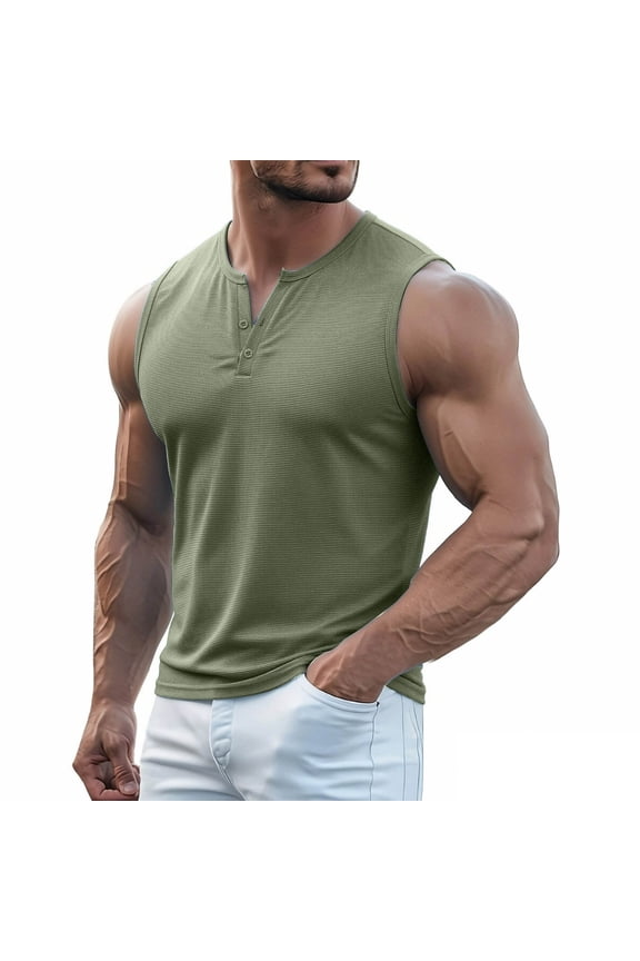 Gym Shirt Men Henley Sleeveless Button Solid Color Muscle T-Shirt Athletic Tank Tops Fathers Day Gift