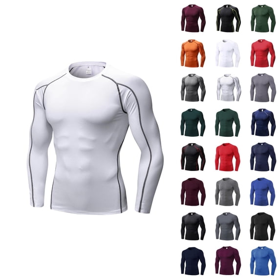 Gym Shirts Men Summer Solid Striped Crew Neck Long Sleeve Tight Fitting Shirts for Men Sports Top