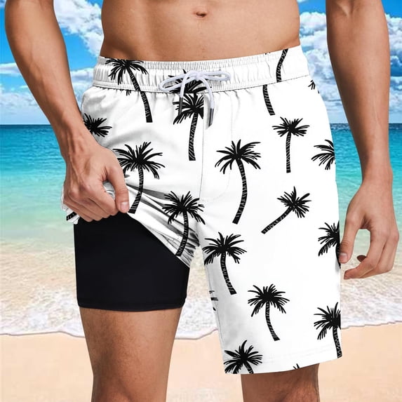 Gym Shorts Men Mens Swim Trunks 2 in 1 with Compression Liner Pockets Drawstring Stretch Summer Floral Printed Beach Shorts White L