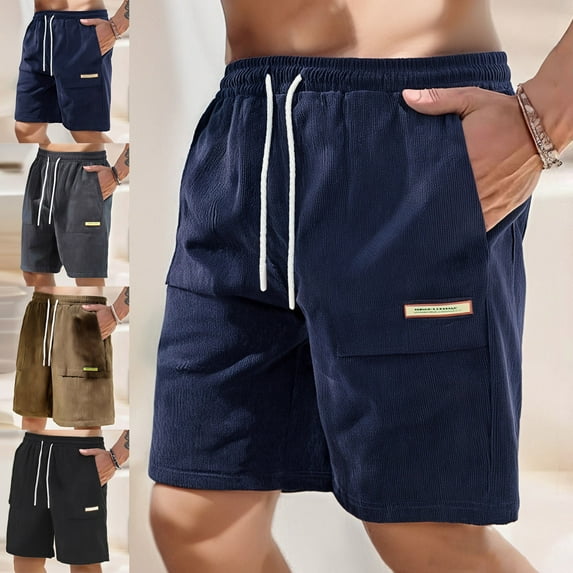 Gym Shorts Men Multi Pockets Plus Size Elastic Waist Solid Color Casual Shorts Workout Running Gym Stretch Summer Beach Pants Gifts for Men Black L