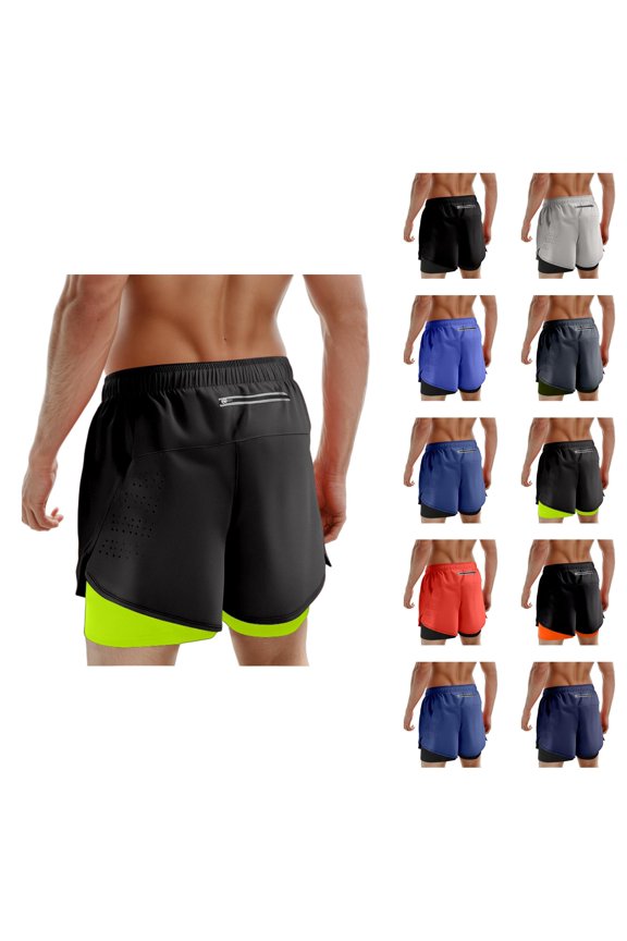 Gym Shorts Men Summer Casual Elastic Waist Double Layer Breathable Athletic Workout Running Shorts with Pockets