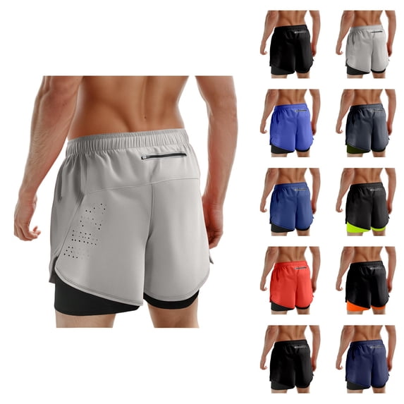 Gym Shorts Men Summer Casual Elastic Waist Double Layer Breathable Athletic Workout Running Shorts with Pockets
