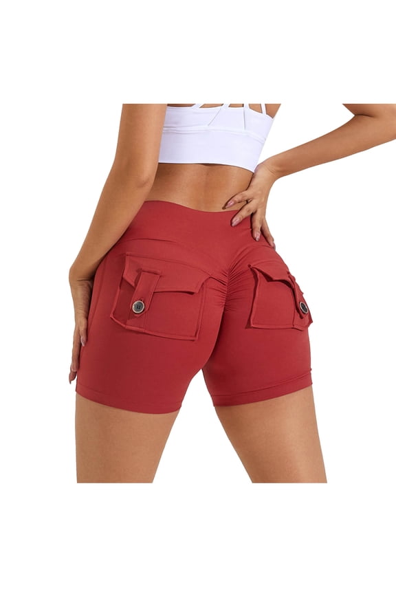 Gym Shorts Women,Booty Shorts,Solid Color Cargo Pocket Hip Lift Fitness High Waist Stretch Exercise Yoga Pants,Workout Shorts with Pockets Charm Gym Biker Shorts for Women