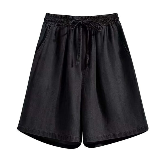 Gym Shorts Women Pack Loose New Wide Leg Jean Shorts Women's High Waist Knee Length Denim Shorts Drawstring Bermuda Shorts Casual Stretchy Jeans Style B-46 Black 4XL