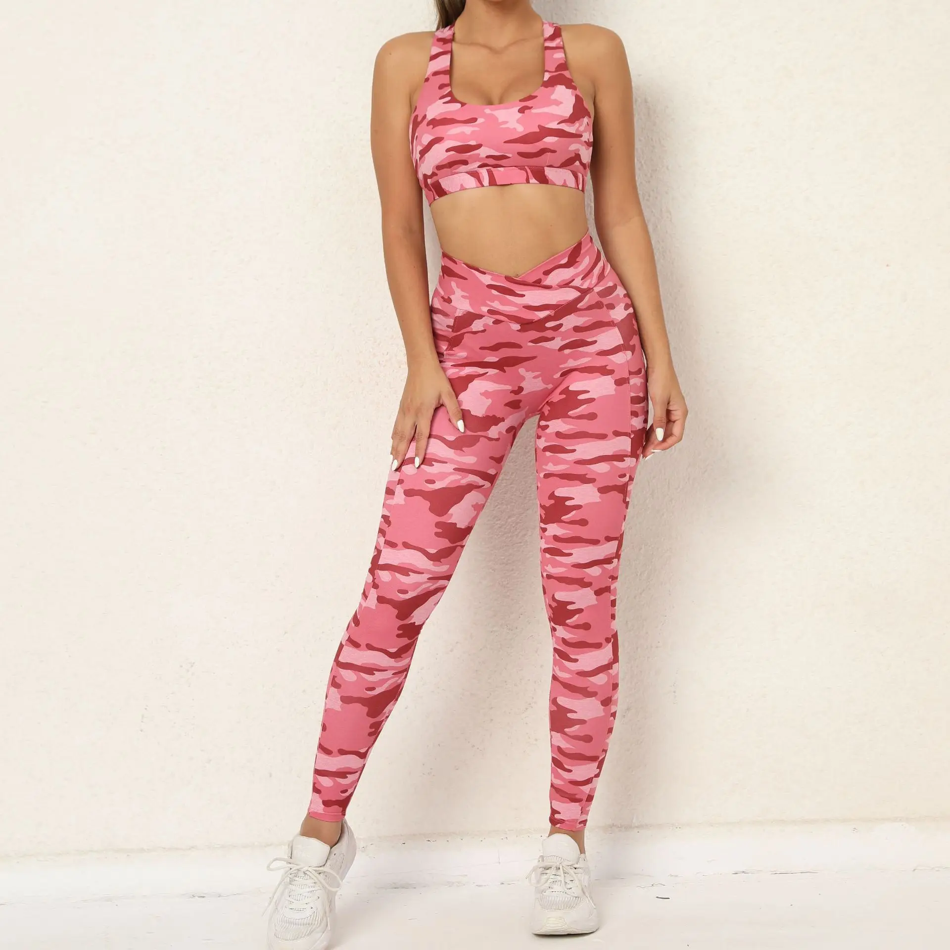 Gym Sport Set Woman 2 Pieces New Lycra Camouflage Clothes for Women Yoga Fitness Crop Top Sports Bra Workout Leggings Pink Black