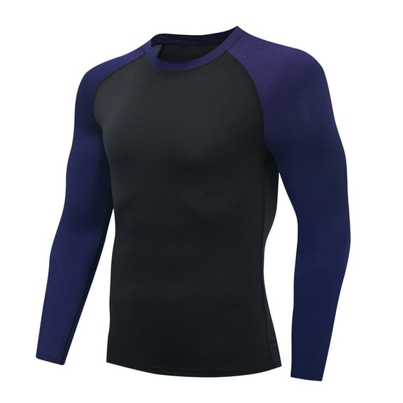 Gym T Shirts for Men Long Sleeve Quick-Drying T-Shirts Mens Stretchy Slim-Fit Color-Block Pullover Crewneck Athletic Workout Swim Shirt Tops