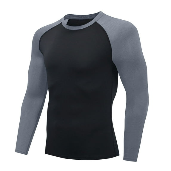 Gym T Shirts for Men Long Sleeve Quick-Drying T-Shirts Mens Stretchy Slim-Fit Color-Block Pullover Crewneck Athletic Workout Swim Shirt Tops