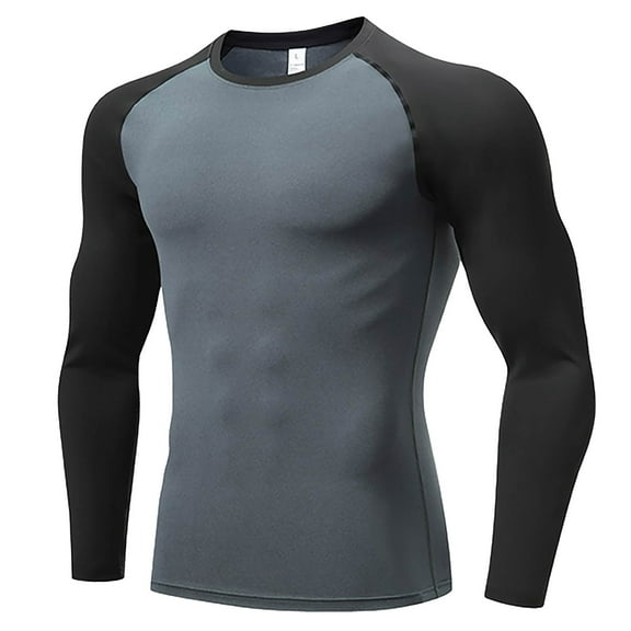 Gym T Shirts for Men Athletic Workout Long Sleeve Crewneck Tshirts Shirt Casual Color Block Pullover Stretchy Slim Breathable Basic Running Tees Tops