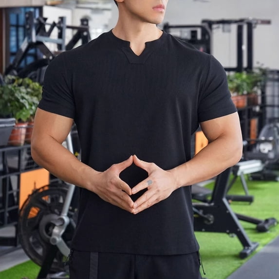 Gym T Shirts for Men Short Sleeve V Neck Tees Tops Mens Casual Solid Color Pullover Slim Breathable Basic Loungewear Athletic Workout Tshirts Shirt