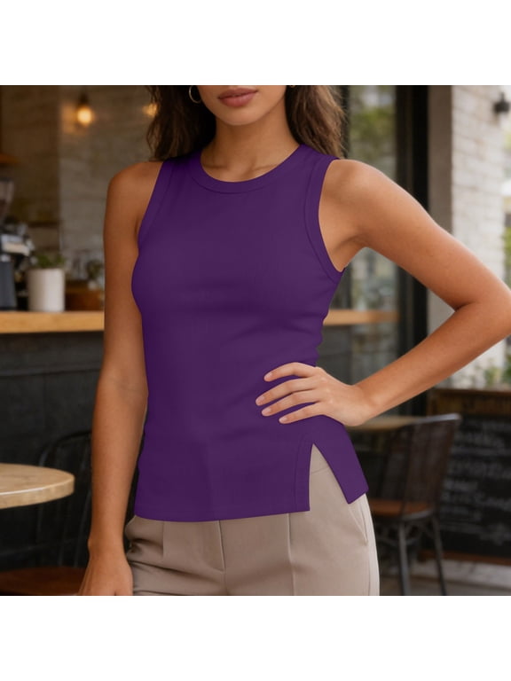 Gym Tank Tops Woman Women Slim Fitting Ribbed Tank Tops Crew Neck Side Split Casual Yoga Daily Stretchy Camisole Tops Purple L
