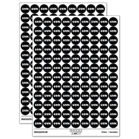 Gym Text 200+ Round Stickers - Black - Gloss Finish - 0.50" Size