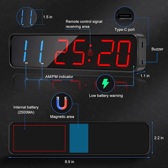 Gym Timer, Portable, Interval Timer with Rechargeable Battery and Built-in Magnet, LED Digital Anti Vertigo Display, Upgraded Workout Clock for Home Gym Garage Fitness