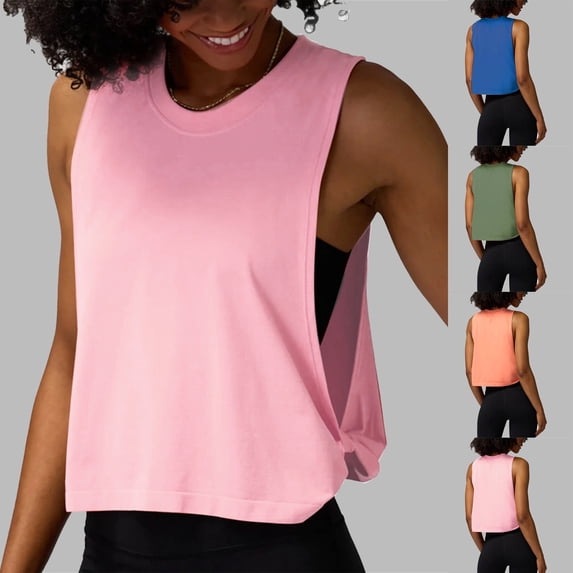 Gym Tops for Women Workout Sleeveless Cropped Tank Tops Scoop Neck Basic Undershirt Sleeveless Shirts Oversized Racerback Breathable Tee (Orange,S)