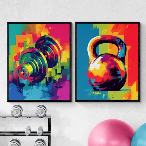 Gym Wall Decor Dumbbell & Kettlebell Wall Art Weight Lifting Fitness Motivation Set 2