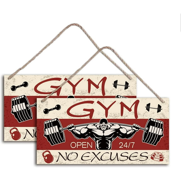 Gym Wooden Sign Gymnasium Hanging Sign 2 PCS Gym Themed Wooden Sign Wall Decor Board Door Hanging Signs Natural Wood Hanging Wall Decorations Sign 11.8"x5.9"