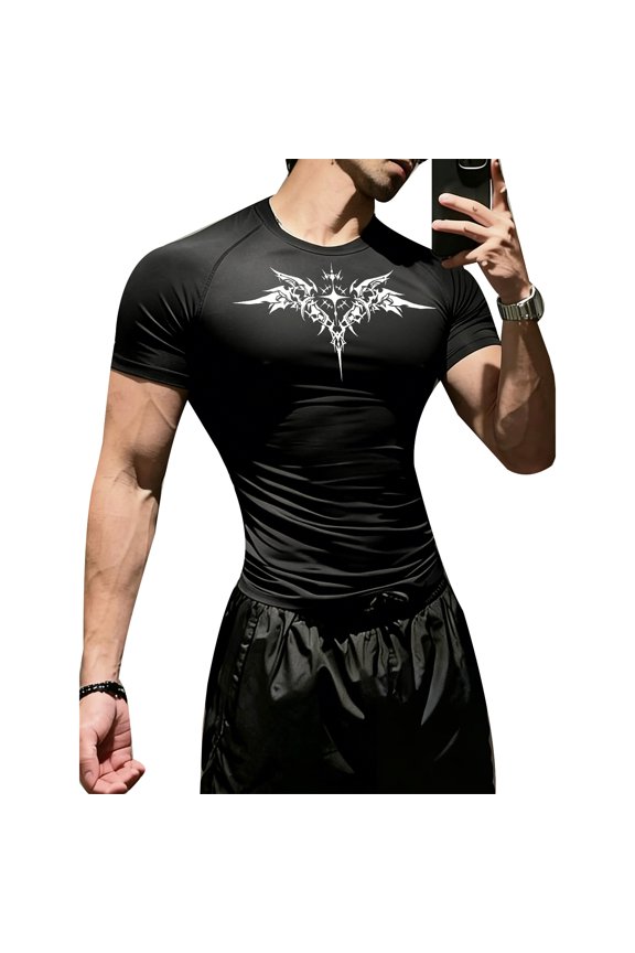 Gym Workout Men's Athletic Compression Shirt Gothic Graphic Compression Shirt Round Neck Short Sleeve Quick Dry Training Tee