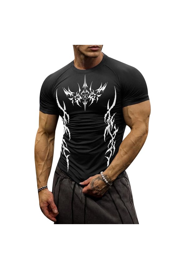 Gym Workout Men's Athletic Compression Shirt Gothic Graphic Compression Shirt Round Neck Short Sleeve Quick Dry Training Tee