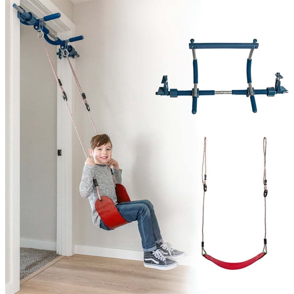 Gym1 2-Piece Doorway Gym for Kids, Includes Door Sensory Swing, Indoor Pull-Up Bar for Adults Fun & Fitness, Holds Up to 300 Lbs, Red