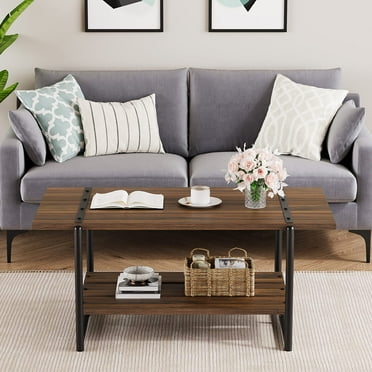 GymChoice 2-Tier Industrial Coffee Table with Storage Shelf, 41" Rustic Wood Vintage Accent Furniture Table for Home Living Room, Office