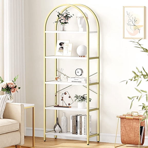 GymChoice 5-Shelf Gold Metal Frame Bookcase, Modern Display Shelves Industrial Bookcase with Metal Frame for Bedroom Living Room