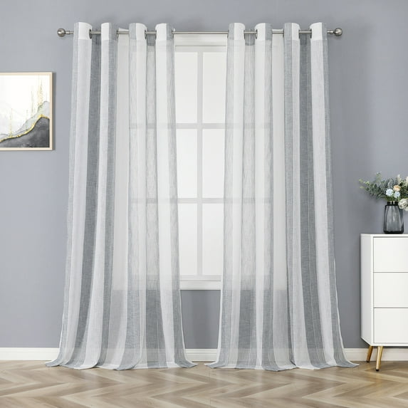 GymChoice Black and White Sheer Curtains,Vertical Stripe Voile Grommet Sheer Curtain Window Panels Yarn Dyed Faux Linen Textured Semi Sheer Window Curtain Drapes ,2 Panels