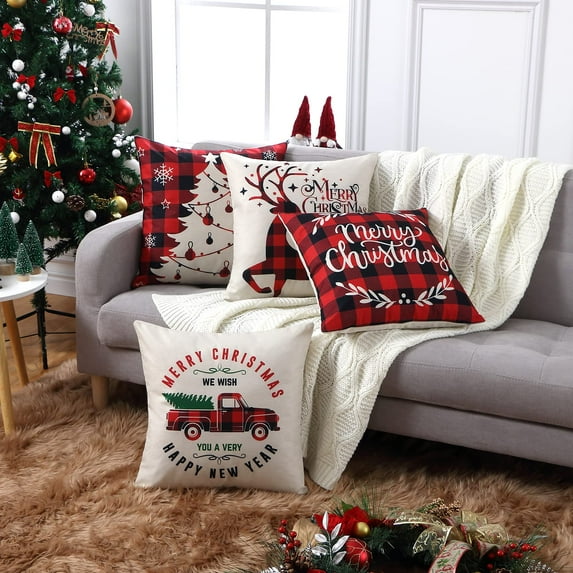 GymChoice Christmas Decor Pillow Covers,18 X 18 Inches Set of 4 Black and Red Buffalo Plaid Farmhouse Throw Pillowcases Cotton Linen Vintage Cushion Covers Pillow Shams Cases Slipcovers