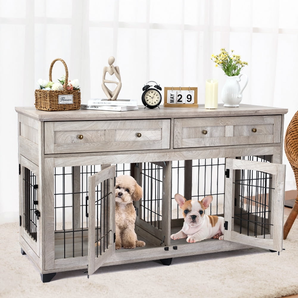GymChoice Dog Crate Furniture with 2 Drawers, Large Wooden Dog Crate