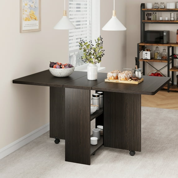 GymChoice Folding Dining Table with 6 Wheels for Kitchen with 2-Layer Storage Shelf, Space Saving for Small Apartment, Kitchen Dining Room Tables Set for 4, 51.4" x 31.4" x 29.5"