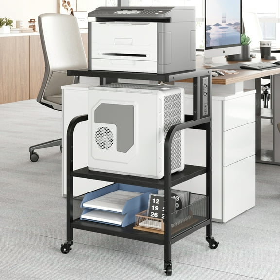 GymChoice Printer Stand, Large 3 Tier Printer Table with Charging Station, Industrial Printer Storage Cart, Rolling Printer Cart with Storage Shelf for Printer Scanner Fax Home Office Use