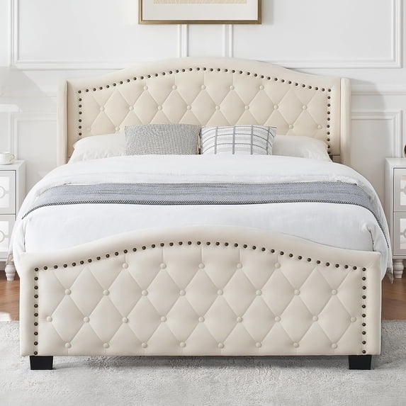 GymChoice Queen Size Upholstered Platform Bed Frame with Tall Headboard,Luxurious Velvet Button Tufted and Nailhead Trim Wingback,Arched Footboard,Sturdy Wooden Slats,Noise-Free,No Box Spring Needed