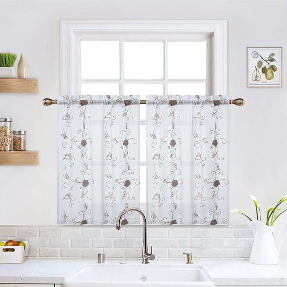 GymChoice Short Sheer Tier Curtains for Small Window,Floral Embroidered Pom Design Semi Sheer Bathroom Curtain, Rod Pocket Window Treatment for Living Room Bedroom
