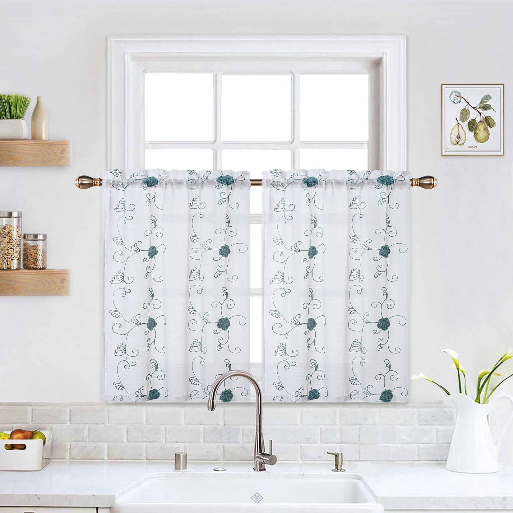 GymChoice Short Sheer Tier Curtains for Small Window,Floral Embroidered ...