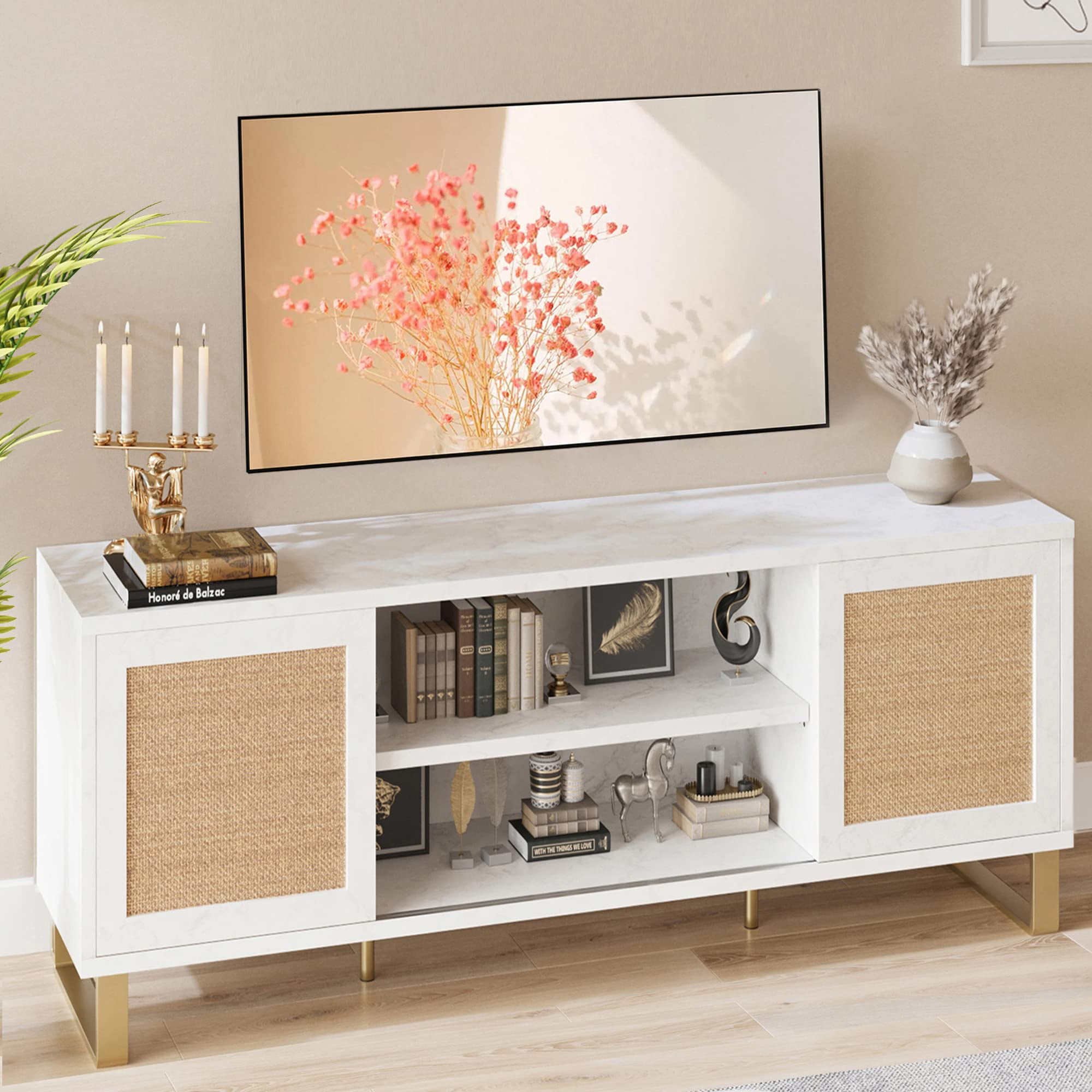 GymChoice TV Stand for 65 Inch TV White Rattan Entertainment Center Modern TV Console Table Low TV Stand with Storage Doors and Shelves TV Console Media Cabinet Furniture for Living Bedroom