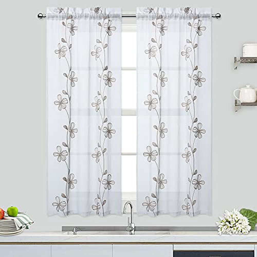Kitchen Cafe Curtain Tier – Sheer Voile Curtain With Floral Embroidery – Short Half Window Valance For Farmhouse Style – Rod Pocket